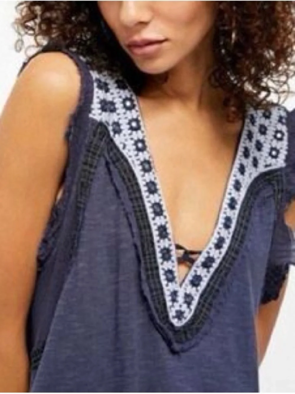 NWT-Free People Market Place V-Neck Embroidered Denim Blue Top-Size XS